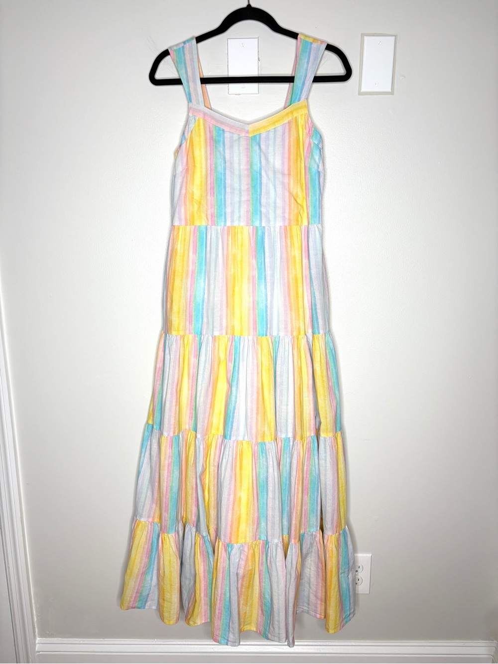Beau & Ro Tiered Maxi Dress Colorful Rainbow ALine 100% Cotton Sleeveless Size S